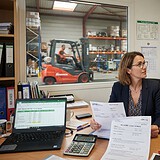 Responsable RH à son bureau, documents en main, face à un salarié en gilet orange au bras bandé, entrepôt derrière la vitre