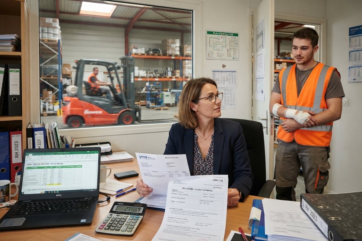 Responsable RH à son bureau, documents en main, face à un salarié en gilet orange au bras bandé, entrepôt derrière la vitre