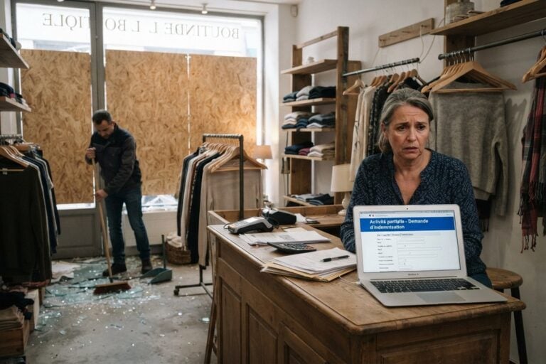 Commerçante devant un ordinateur affichant une demande d'activité partielle, vitrine condamnée par des panneaux de bois