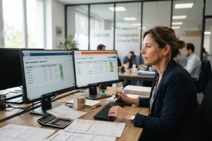 Une gestionnaire relit sur deux écrans un logiciel de paie et une liste de factures fournisseurs, calculatrice sur le bureau