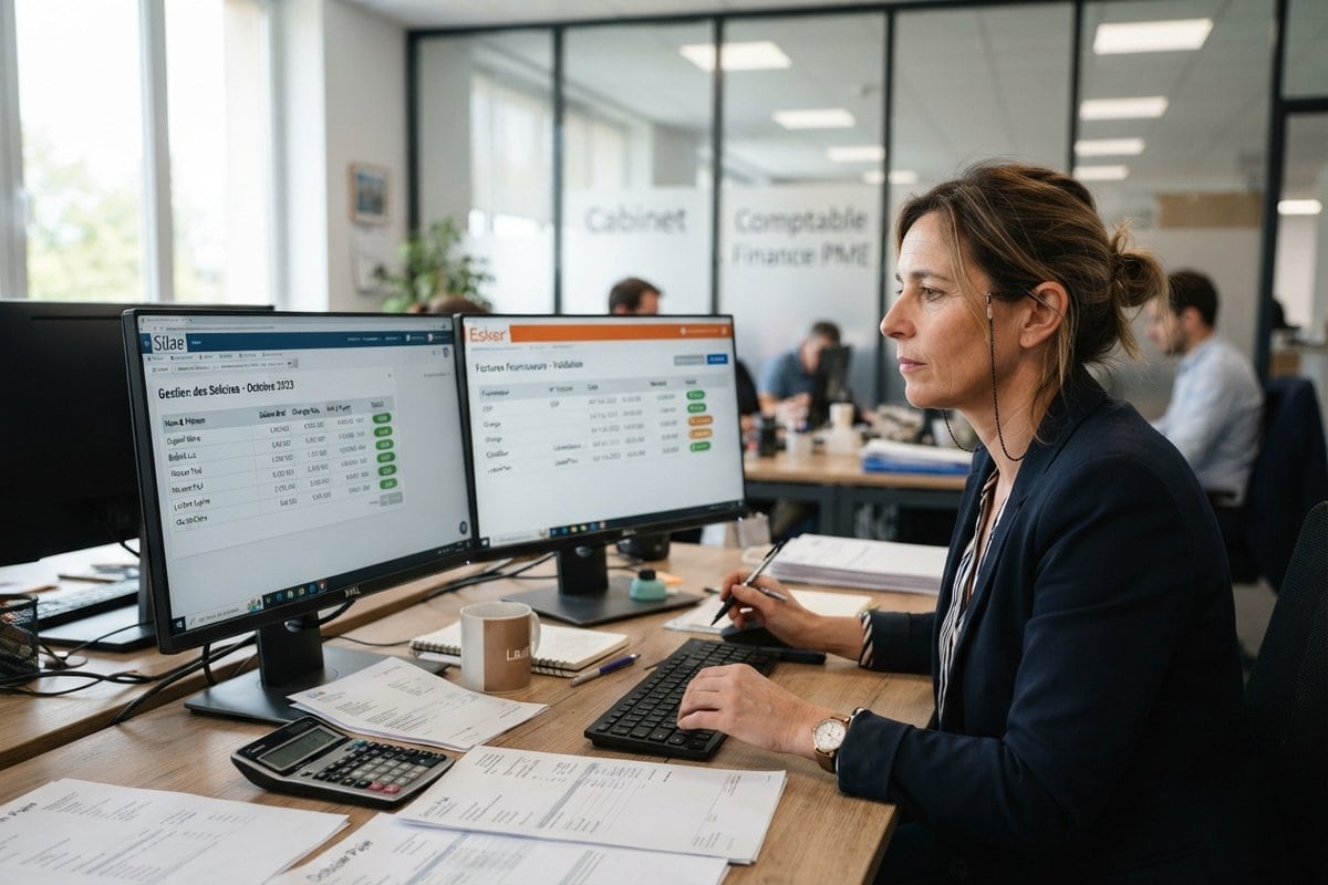 Une gestionnaire relit sur deux écrans un logiciel de paie et une liste de factures fournisseurs, calculatrice sur le bureau