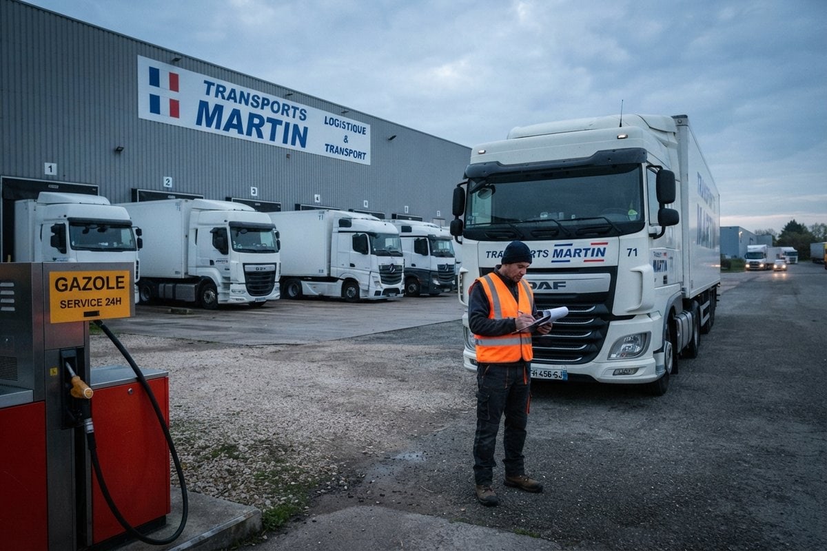 Chauffeur en gilet orange remplissant un document devant son camion, près d'une pompe à gazole et d'un entrepôt