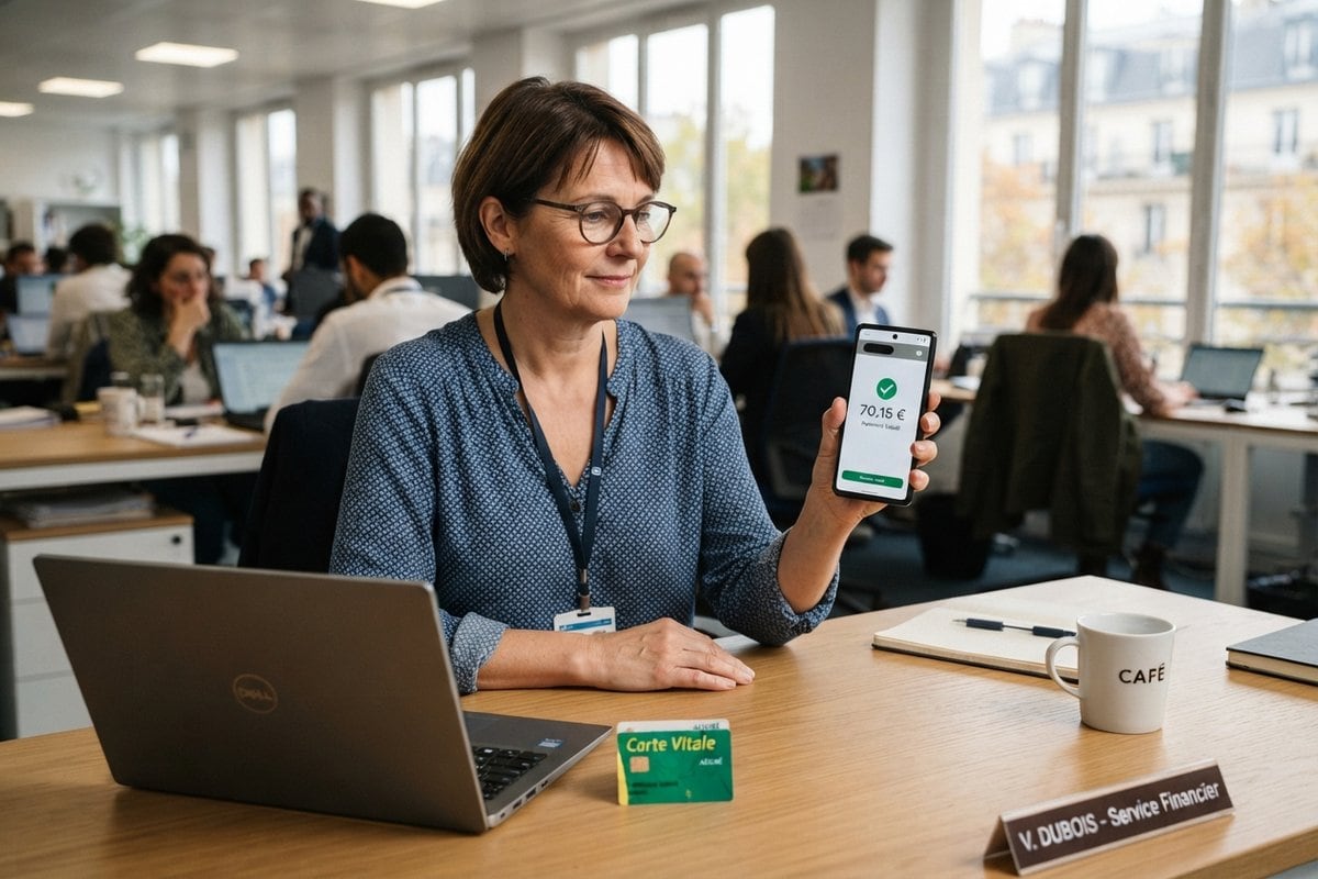 Employée de bureau tenant un smartphone affichant un remboursement de 70,15 €, une carte Vitale posée sur le bureau
