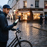Un livreur à vélo, sac isotherme turquoise sur le dos, consulte son smartphone dans une rue pavée de Paris au crépuscule