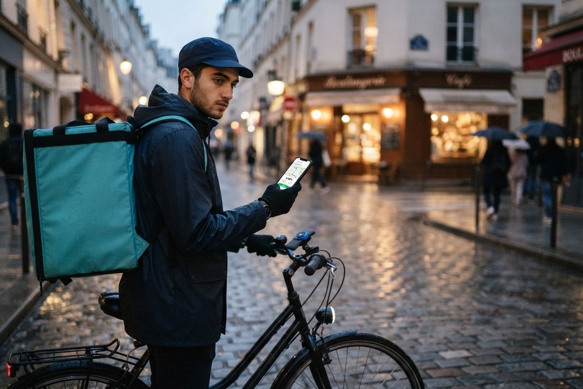 Un livreur à vélo, sac isotherme turquoise sur le dos, consulte son smartphone dans une rue pavée de Paris au crépuscule