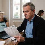 Un responsable des ressources humaines lit un avis d'arrêt de travail devant un ordinateur portable affichant un tableur