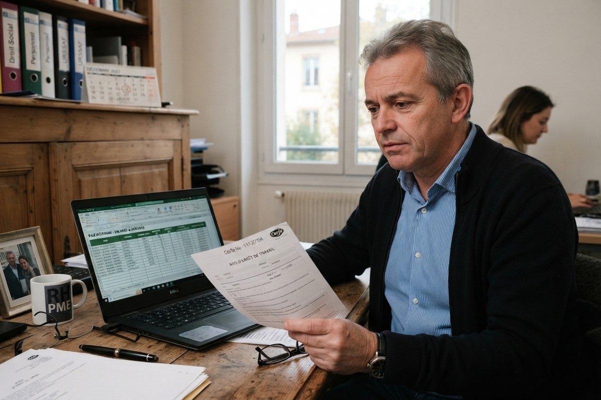 Un responsable des ressources humaines lit un avis d'arrêt de travail devant un ordinateur portable affichant un tableur