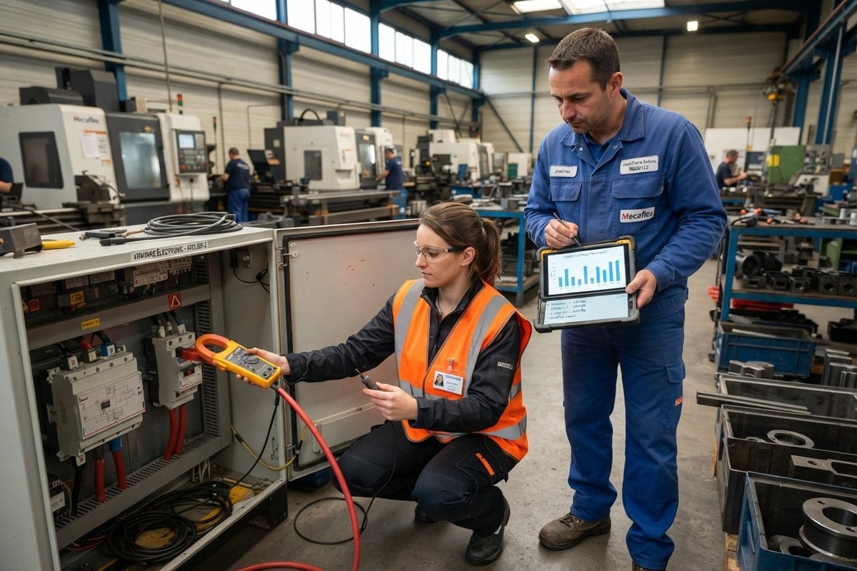 Auditrice en gilet orange mesurant un câble d'armoire électrique à la pince ampèremétrique, sous l'œil d'un technicien