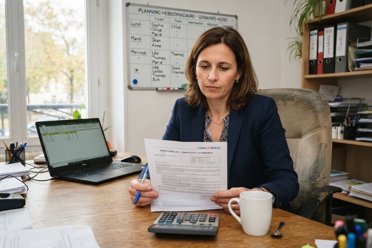 Une gérante relit un document bancaire à son bureau, calculatrice et ordinateur portable devant elle, planning mural derrière