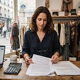 Commerçante relisant un contrat au comptoir de sa boutique de vêtements, calculatrice et ordinateur portable à côté