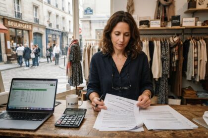 Commerçante relisant un contrat au comptoir de sa boutique de vêtements, calculatrice et ordinateur portable à côté