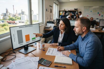 Deux cadres analysent un graphique d'empreinte carbone par poste sur un écran, factures et calculatrice sur le bureau