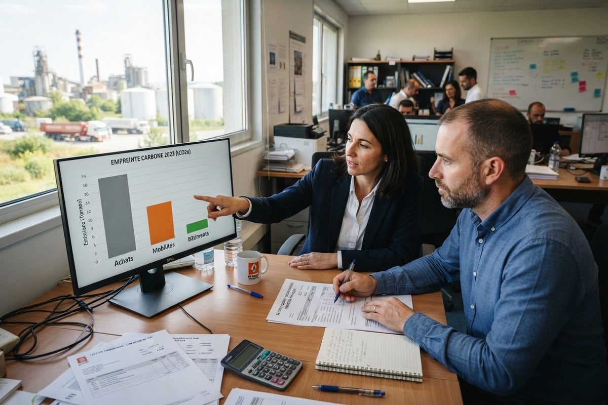 Deux cadres analysent un graphique d'empreinte carbone par poste sur un écran, factures et calculatrice sur le bureau