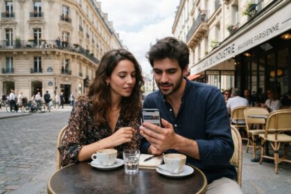 Un couple attablé en terrasse d'un café parisien consulte un smartphone, face à des immeubles haussmanniens