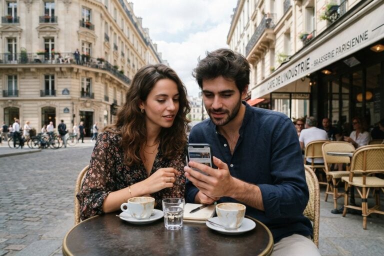 Un couple attablé en terrasse d'un café parisien consulte un smartphone, face à des immeubles haussmanniens