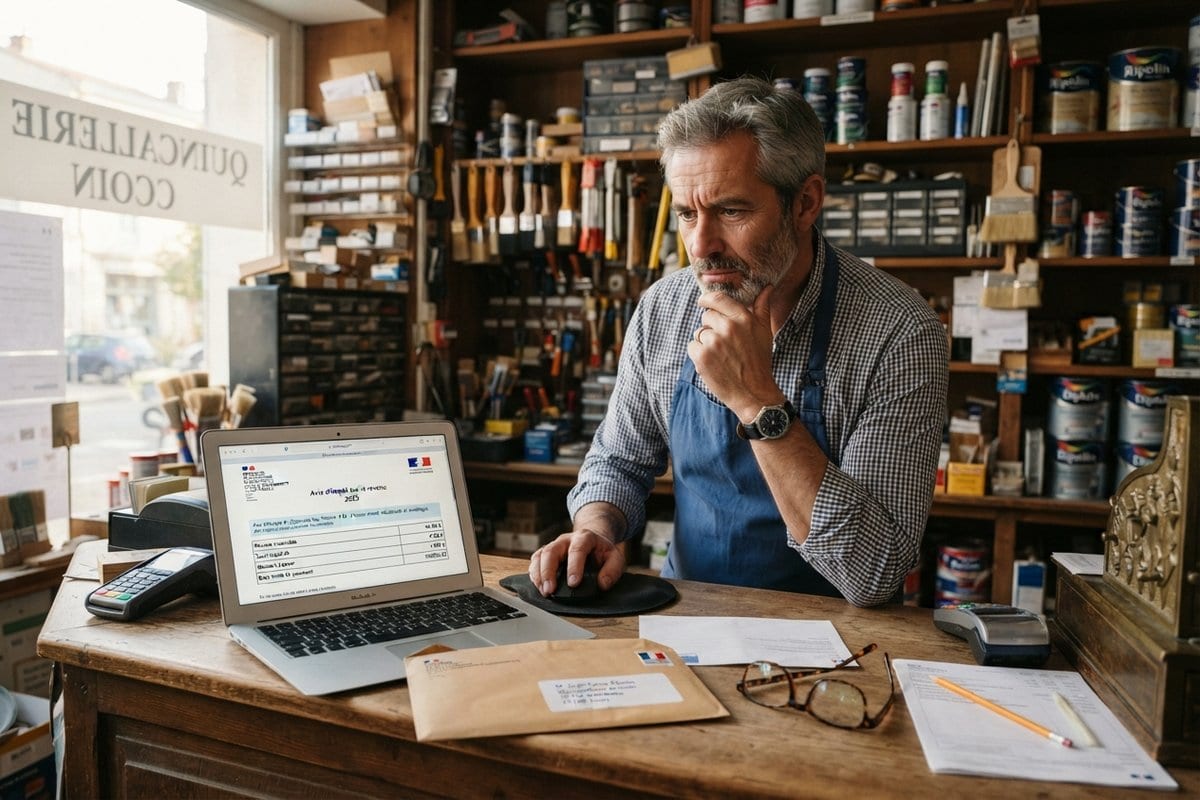 Un quincaillier pensif consulte un avis d'impôt sur un ordinateur portable posé sur son comptoir, entouré de rayonnages