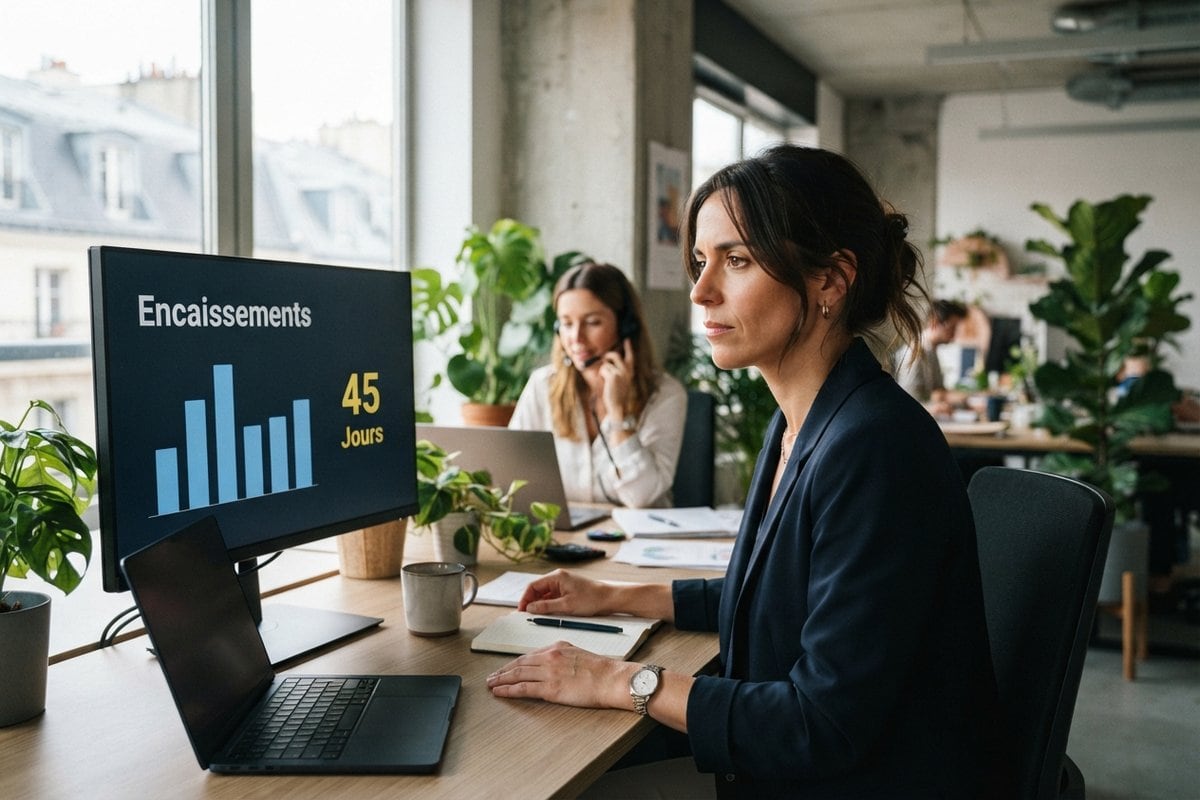 Femme dans un bureau parisien face à un écran affichant un graphique des encaissements et la mention 45 jours