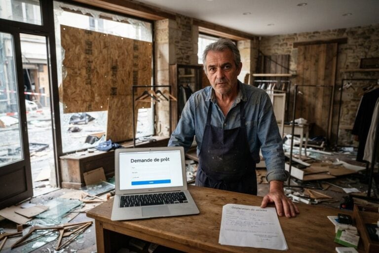 Commerçant derrière son comptoir, ordinateur affichant une demande de prêt, vitrine brisée condamnée par du contreplaqué