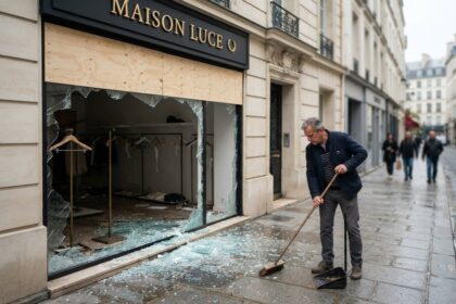 Commerçant balayant les éclats de la vitrine brisée de sa boutique parisienne, en partie condamnée par du contreplaqué
