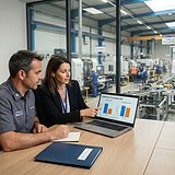 Un homme et une femme comparent deux graphiques en barres sur un ordinateur portable, devant un atelier vitré