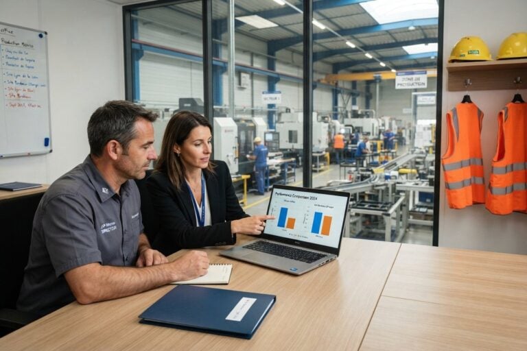 Un homme et une femme comparent deux graphiques en barres sur un ordinateur portable, devant un atelier vitré