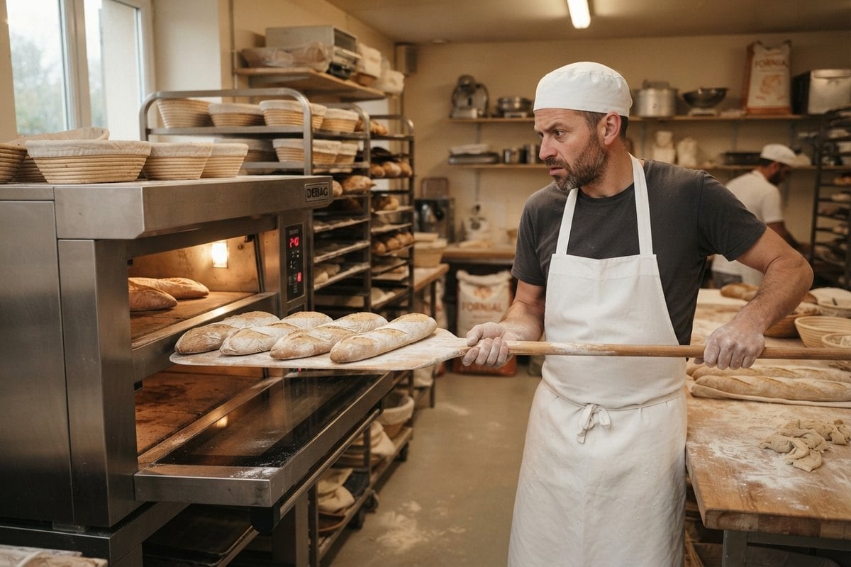 Boulanger enfournant des baguettes avec une pelle en bois dans un four à soles électrique en inox