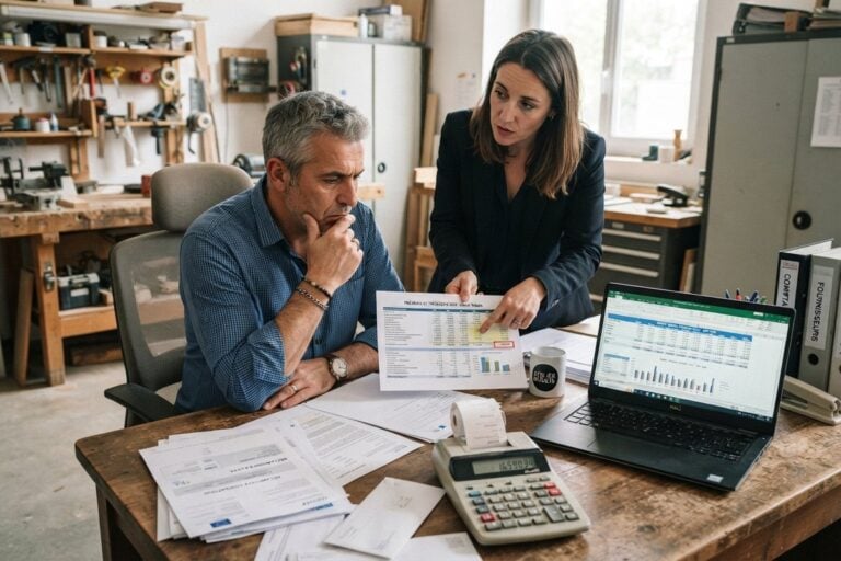 Artisan pensif à son bureau d'atelier, une comptable lui montrant un tableau de trésorerie à côté d'un ordinateur