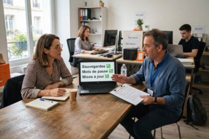 Une dirigeante écoute un conseiller muni d'un badge et d'un questionnaire, face à un ordinateur affichant une liste de contrôle