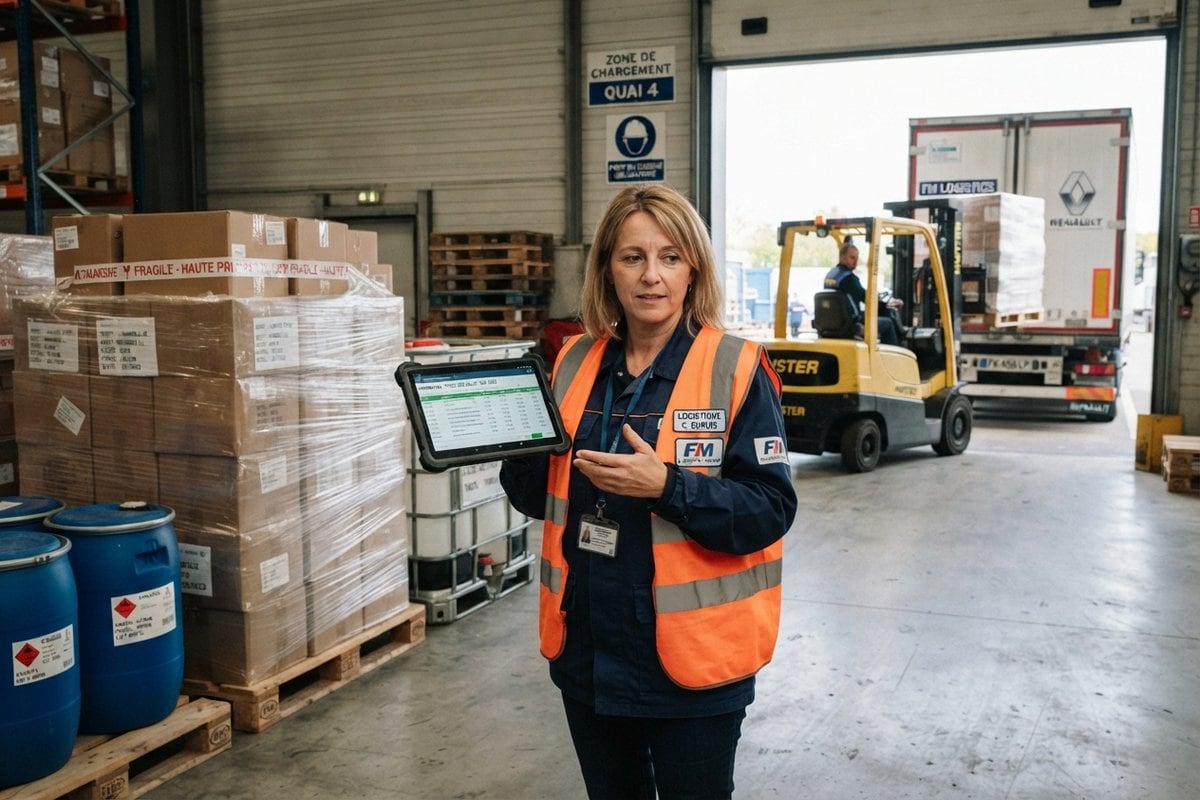 Responsable logistique en gilet orange tenant une tablette devant des palettes filmées, des fûts bleus et un chariot élévateur