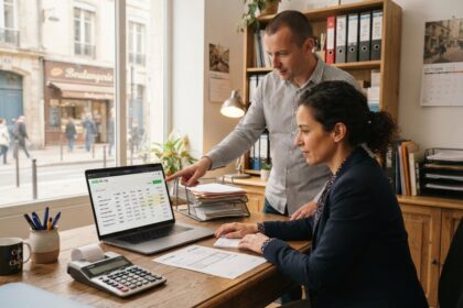 Une comptable devant un ordinateur portable affichant une liste de factures, un collègue désigne l'écran du doigt