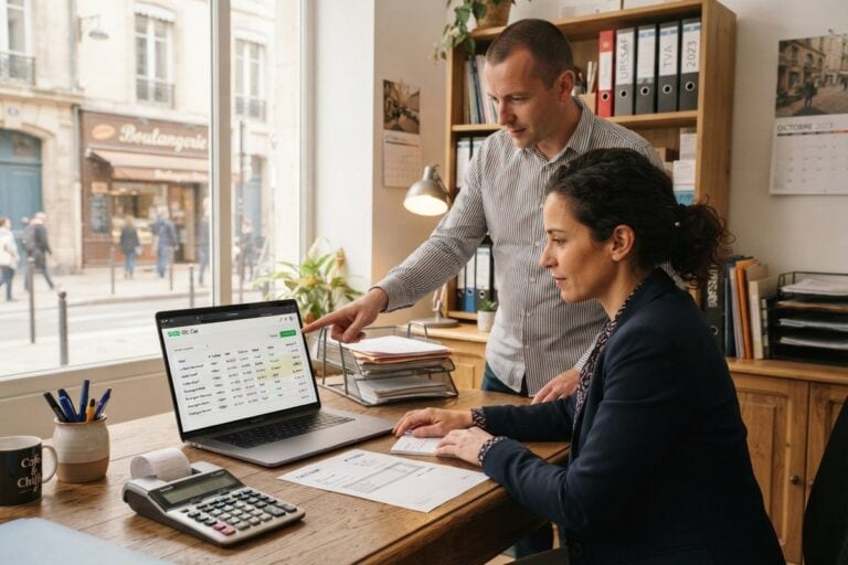 Une comptable devant un ordinateur portable affichant une liste de factures, un collègue désigne l'écran du doigt