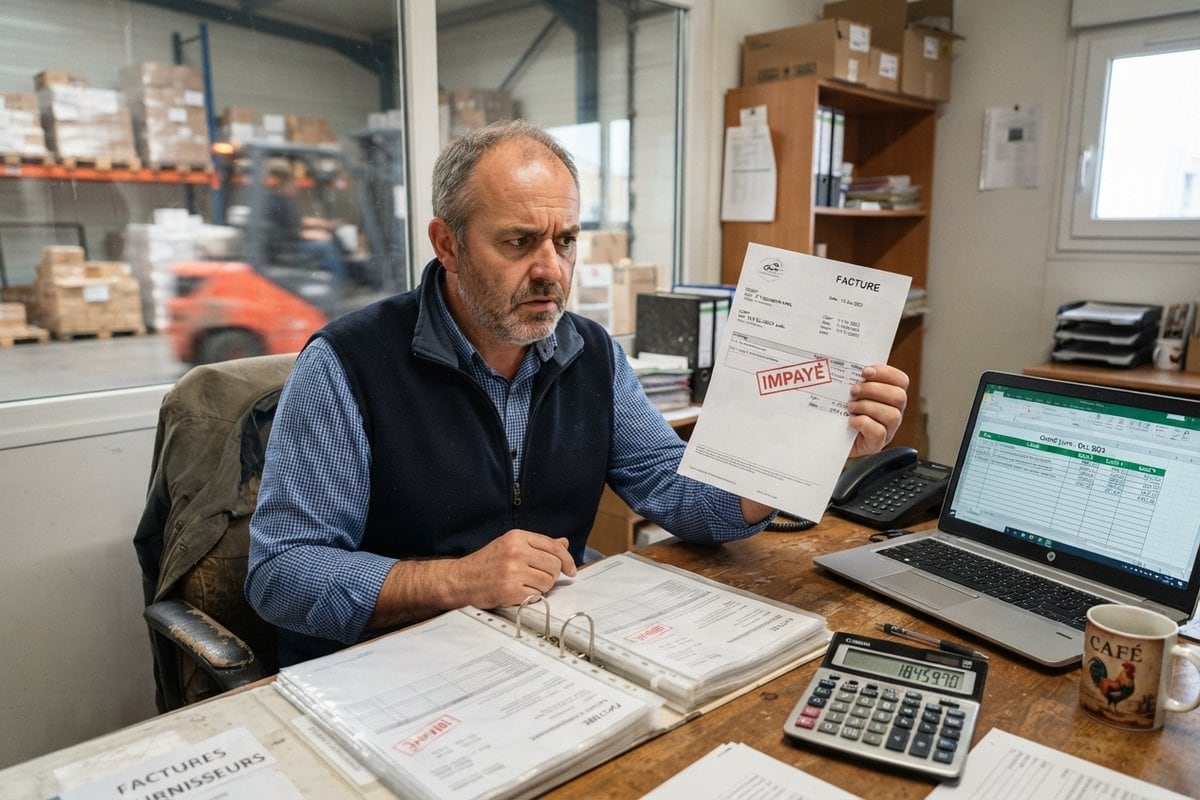 Commerçant à son bureau d'entrepôt tenant une facture tamponnée impayé, devant un classeur, une calculatrice et un ordinateur