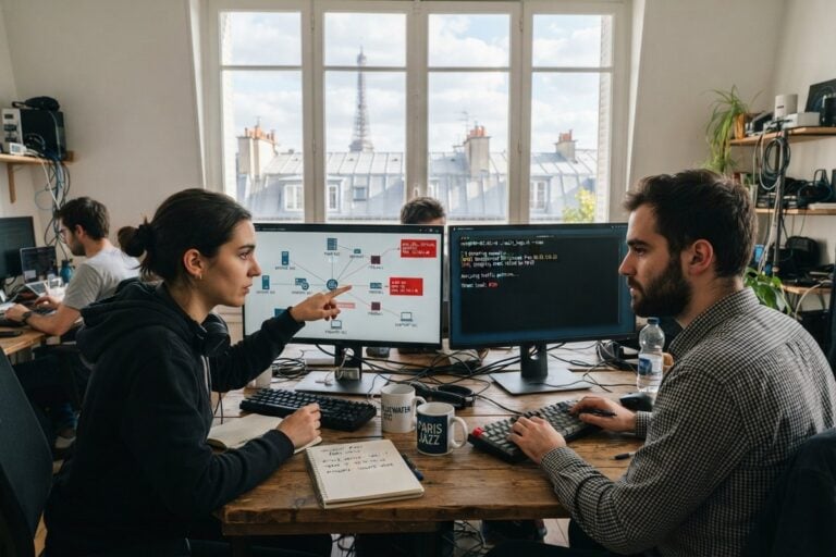 Deux ingénieurs devant une carte réseau aux nœuds rouges et un terminal, dans un bureau parisien face à la tour Eiffel