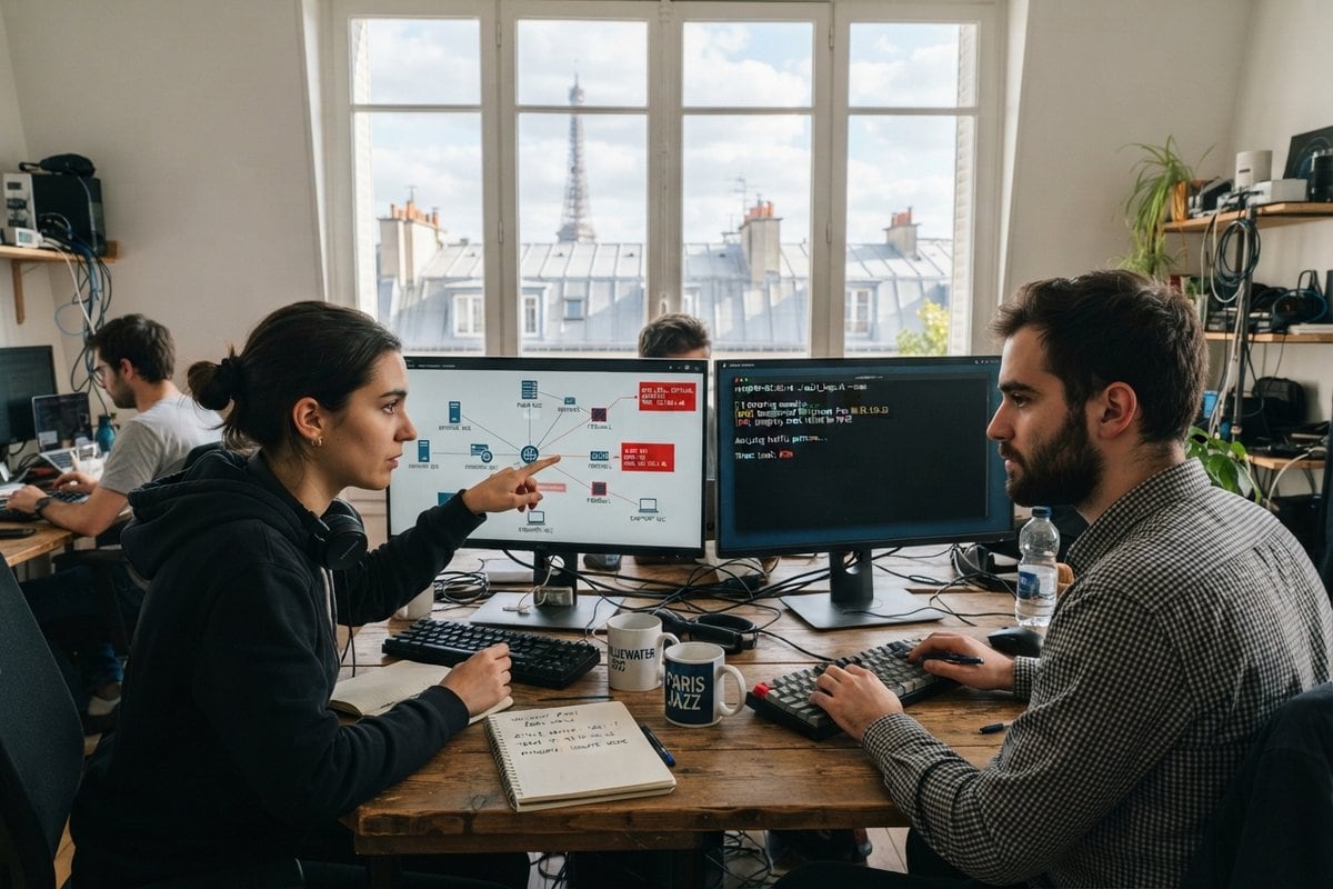 Deux ingénieurs devant une carte réseau aux nœuds rouges et un terminal, dans un bureau parisien face à la tour Eiffel