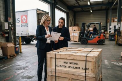 Deux femmes consultent un document près d'une caisse en bois marquée Made in France, destination Casablanca, dans un entrepôt