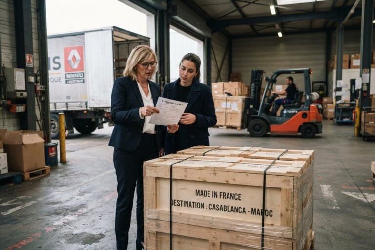 Deux femmes consultent un document près d'une caisse en bois marquée Made in France, destination Casablanca, dans un entrepôt