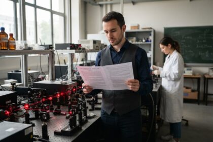 Un chercheur lit un document imprimé devant un banc optique traversé de lasers rouges, une collègue en blouse au fond
