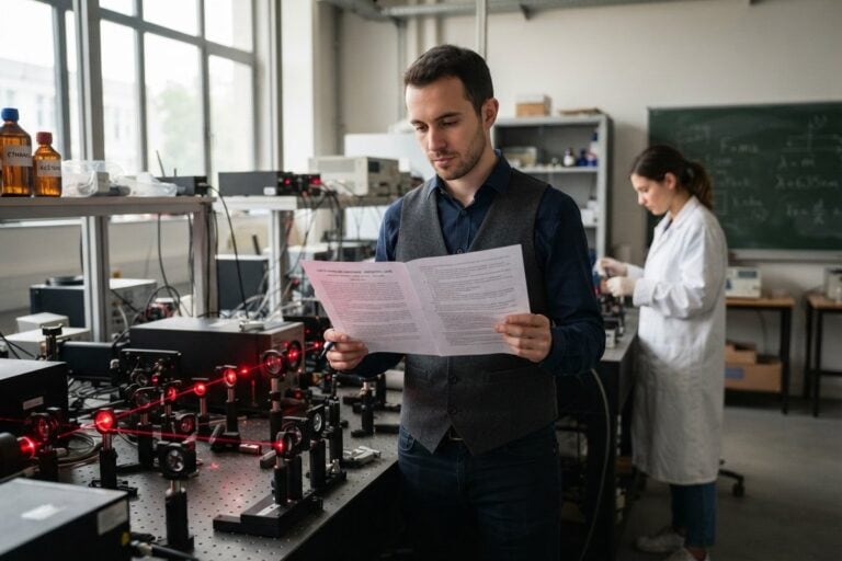 Un chercheur lit un document imprimé devant un banc optique traversé de lasers rouges, une collègue en blouse au fond