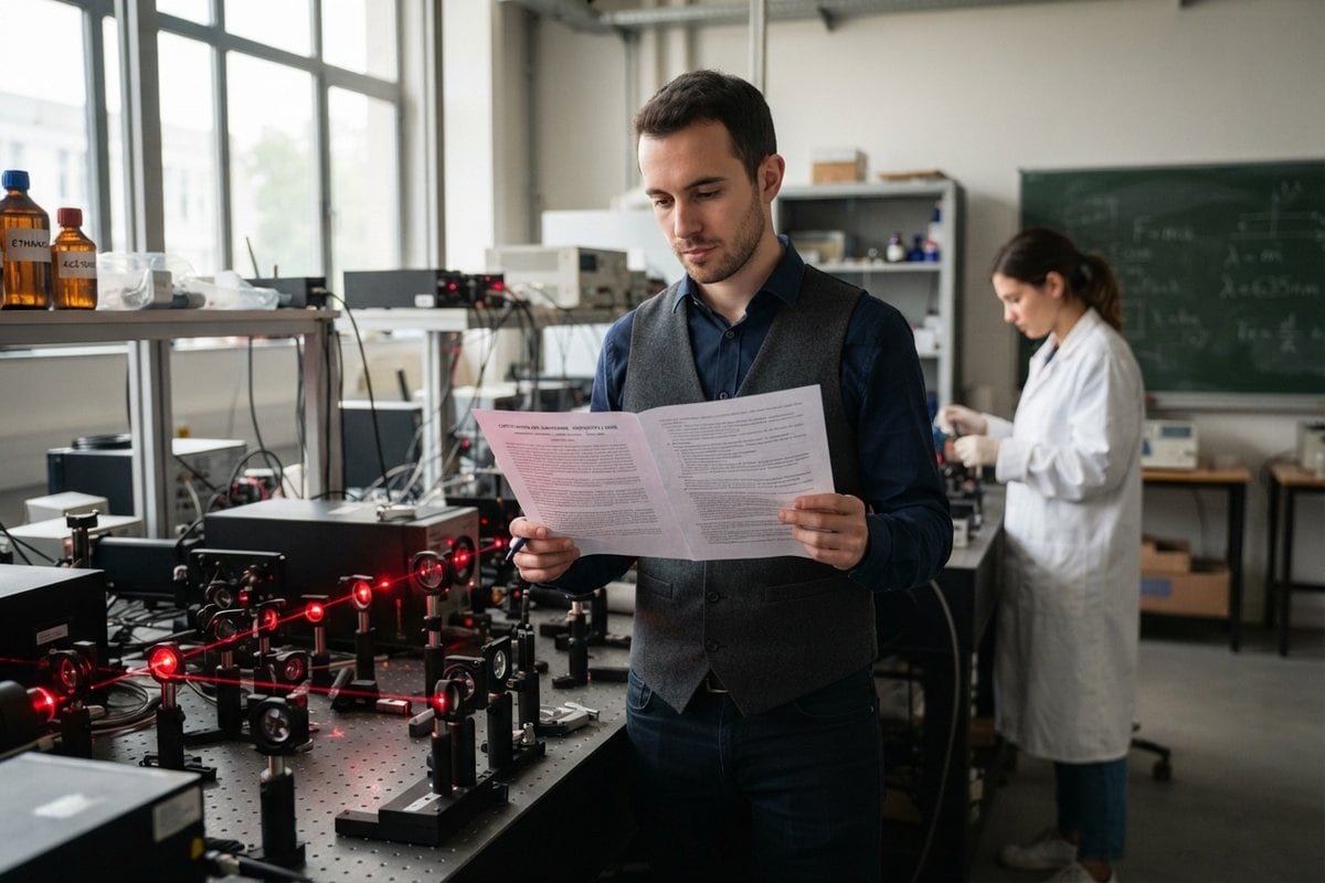 Un chercheur lit un document imprimé devant un banc optique traversé de lasers rouges, une collègue en blouse au fond