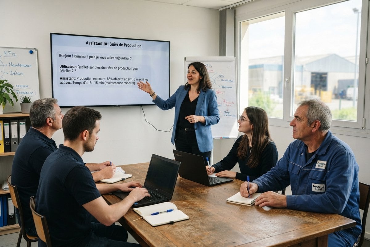 Formatrice présentant un assistant IA sur un écran mural à quatre salariés réunis autour d'une table