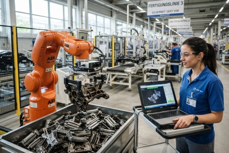 Bras robotisé orange muni d'une caméra 3D saisissant une pièce automobile dans un bac, observé par une technicienne