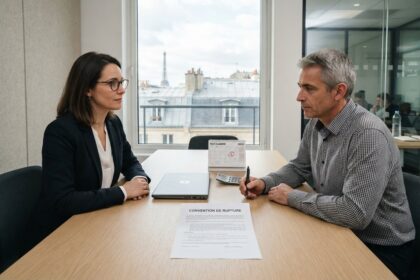 Une responsable RH et un salarié face à face, une convention de rupture et un calendrier de novembre 2026 sur la table