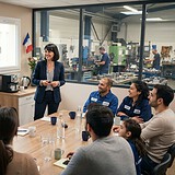 Une responsable présente un graphique des résultats 2027 à des salariés d'atelier réunis autour d'une table