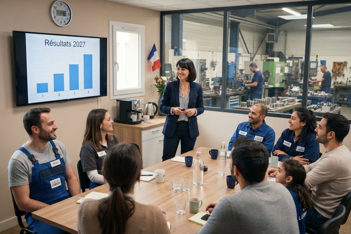 Une responsable présente un graphique des résultats 2027 à des salariés d'atelier réunis autour d'une table