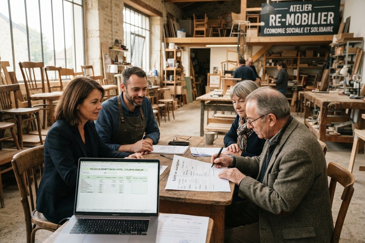 Dans un atelier de mobilier solidaire, un artisan et trois investisseurs signent un bulletin de souscription