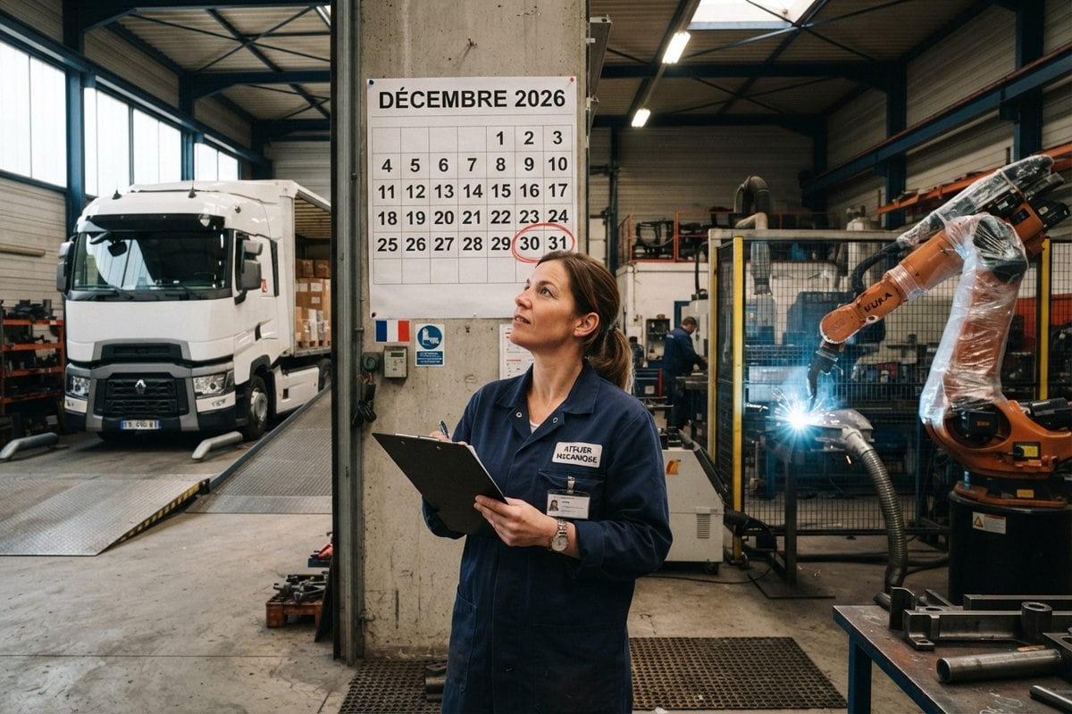 Responsable d'atelier devant un calendrier de décembre 2026, un camion à quai et un robot de soudage en arrière-plan