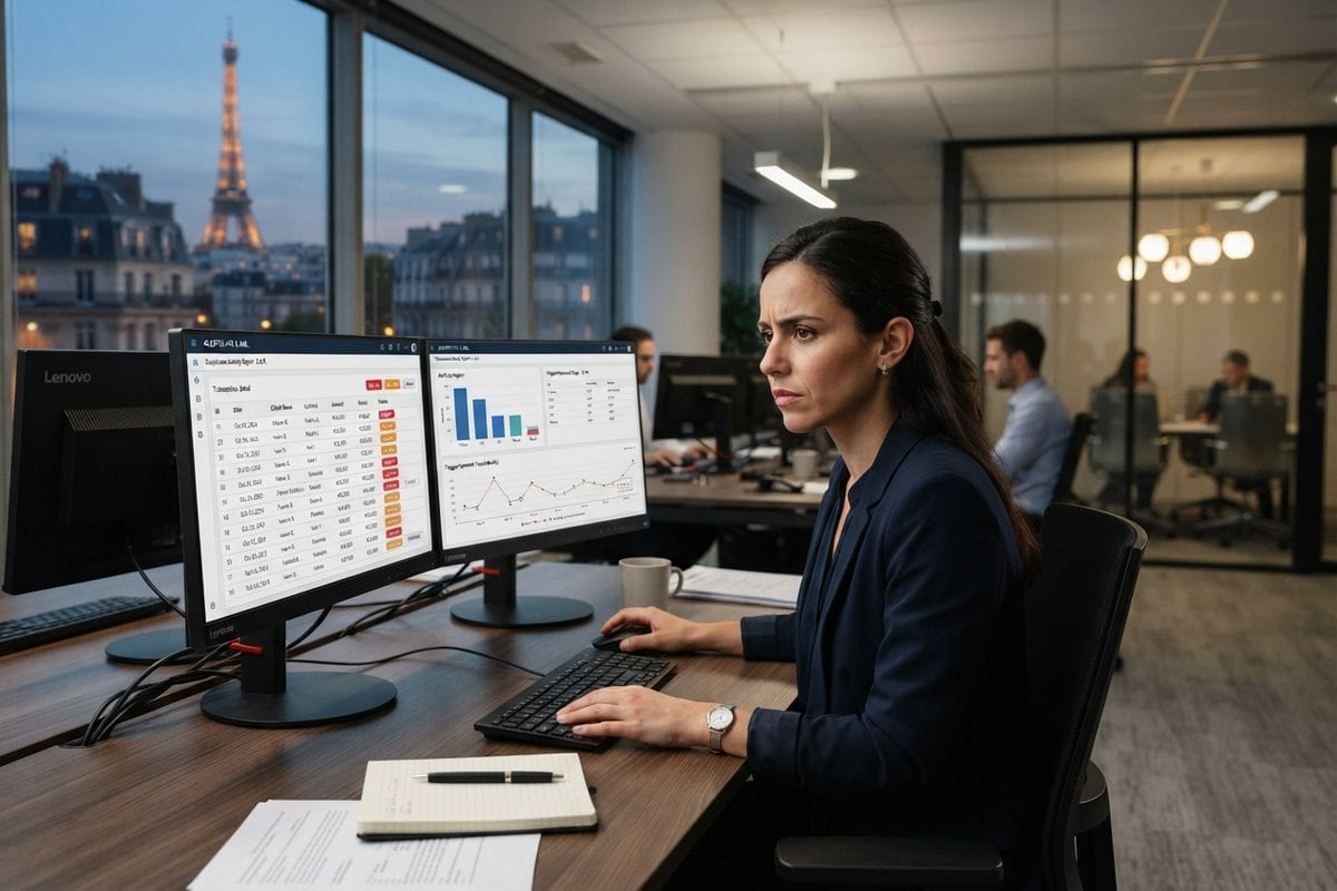 Analyste concentrée devant deux écrans de tableaux de bord dans un bureau parisien, la tour Eiffel au crépuscule