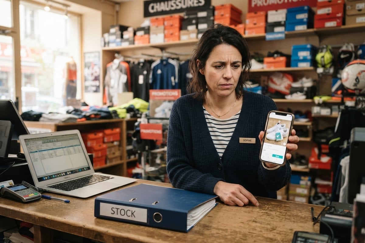 Commerçante d'un magasin de sport montrant sur son smartphone une annonce de baskets neuves, un classeur Stock sur le comptoir