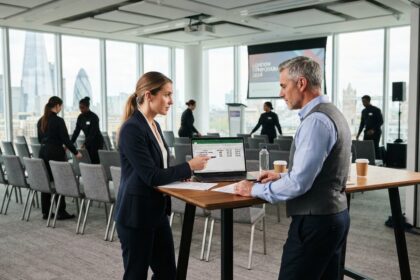 Dans une salle de séminaire londonienne en préparation, deux professionnels consultent un budget sur un ordinateur portable