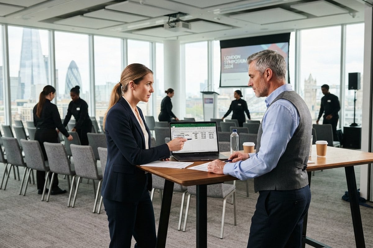 Dans une salle de séminaire londonienne en préparation, deux professionnels consultent un budget sur un ordinateur portable